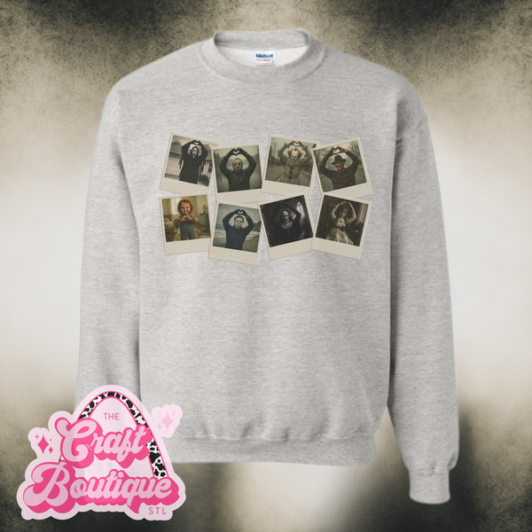 Vintage Wash Horror Friends Polaroid Picture Collage Printed Sweatshirt - Heather Ash Gray