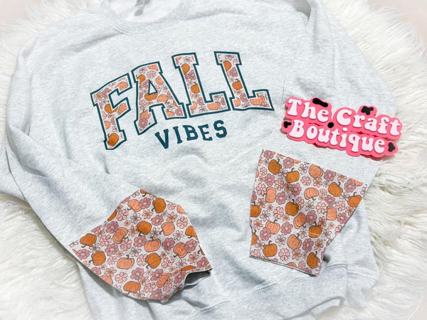Fall Vibes Varsity Printed Sweatshirt w/ Floral Pumpkin Sleeve Cuffs