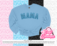 Light Blue Faux Sequin Monochromatic Mama Printed Sweatshirt