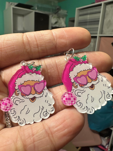 Pink Disco Retro Santa Earrings