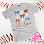 Pretty Girly St. Louis Baseball Bow Watercolor Printed Tee - Ash