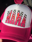 Pink & White Trucker Hat - MAMA Checker & Pink Flames