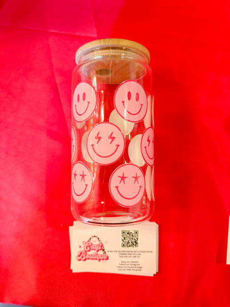 Pink Smiley 16 oz Iced Coffee Jar GENTLE HANDWASH ONLY