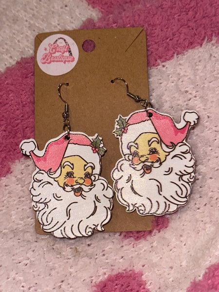 Pink Vintage Santa Wooden Earrings