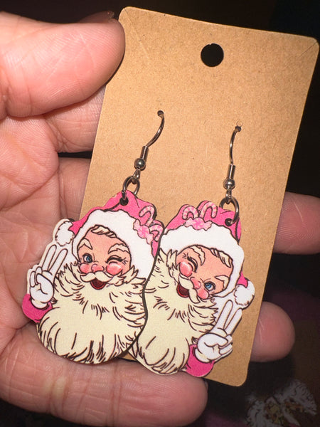 Peace Sign Pink Vintage Santa Wooden Earrings